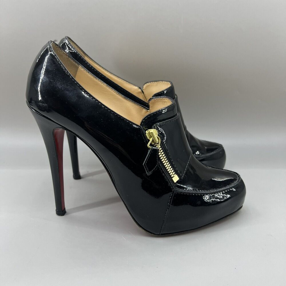 Black Patent High Heel Booties with Gold Zip Accent